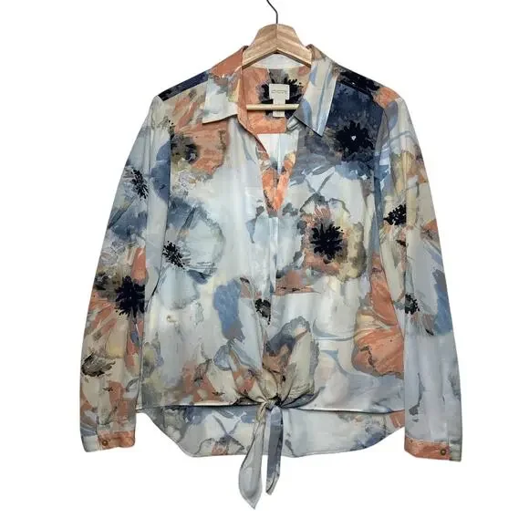 Chico’s Watercolor Floral Front Knot Long Sleeves Top Sz 2 / L Casual Colorful - Picture 1 of 10